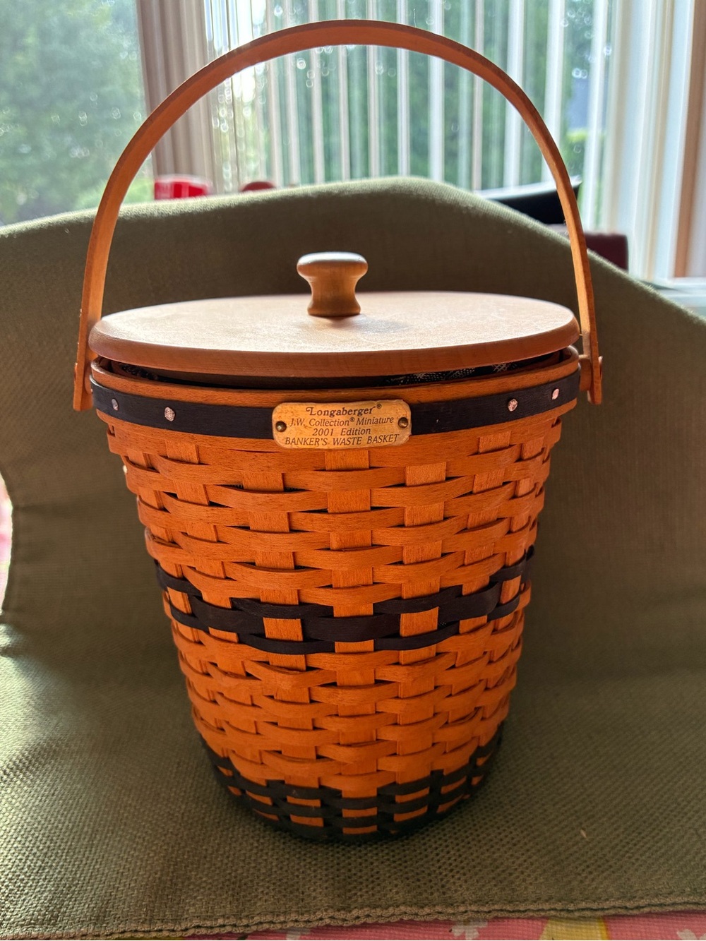 Longaberger tan and Black Woven Basket with Wooden Lid and Handle